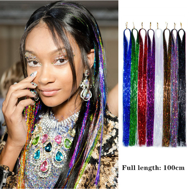 Length 100cm Party Holographic Hair Accessories Glitter Hair Tinsel Sparkle  Extensions 120 Strands Bling Twinkle Hair